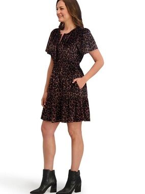 French Connection Leopard Print Short Sleeve Mini Dress - Black/Brown